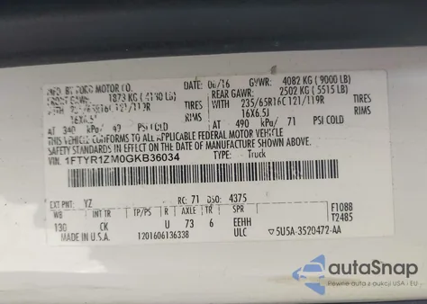 2016 Ford Transit from USA, damaged, VIN 1FTYR1ZM0GKB36034